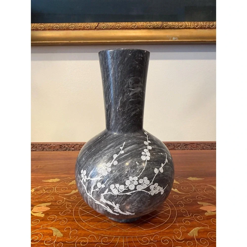 Vintage Etched Marble Vase • Hand-Carved Gray Stone‎ Floral Bud Vase